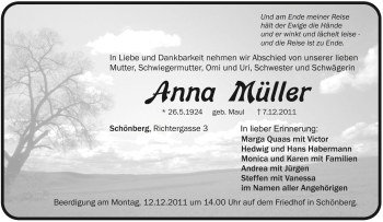 Traueranzeige von Anna Müller von Pegnitz-Zeitung